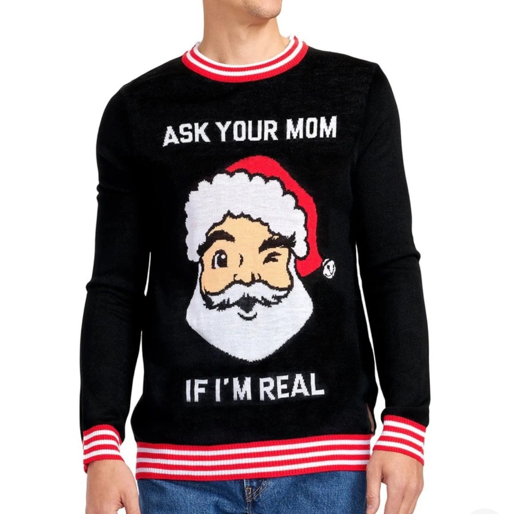 Men’s Ugly Christmas Sweater- “Ask Your Mom if I’m Real”